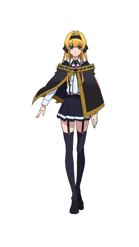 Anime character with blonde hair, wearing a detailed black cape and school uniform, standing confidently on a white background.