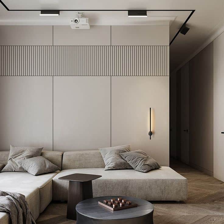 Light Beam LED Series - Wall Lamp Modern minimalist living room with beige sectional sofa, wooden tables, and wall-mounted light fixture. | Sky Rye Design Modern minimalist living room with beige sectional sofa, wooden tables, and wall-mounted light fixture.