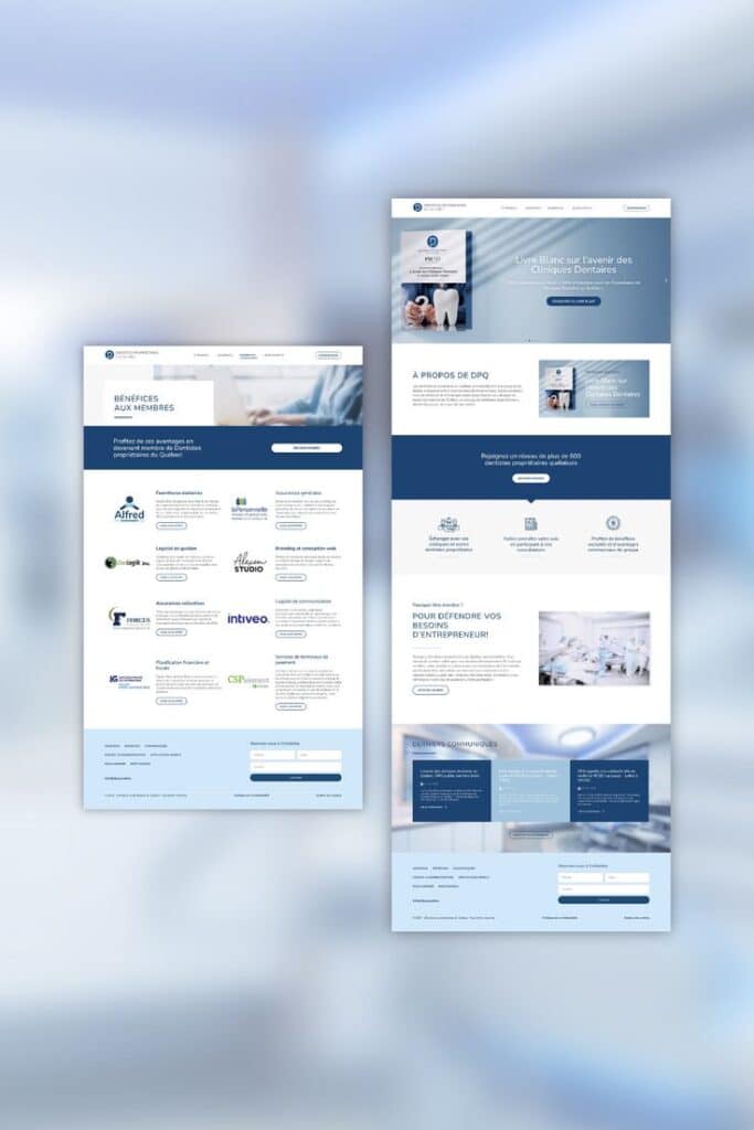 Website design showcasing dental services and member benefits in Quebec, featuring blue and white theme with navigation.