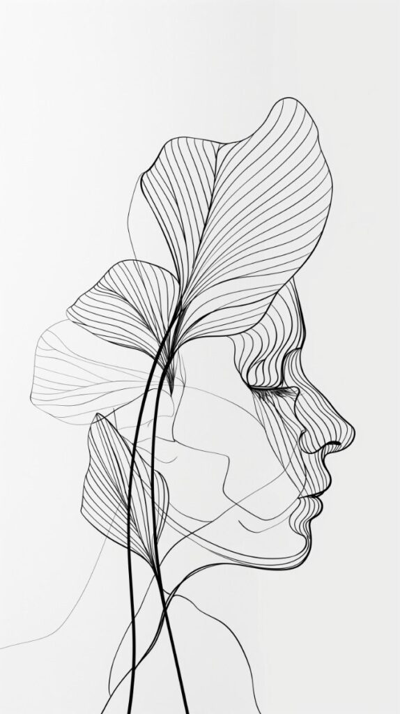 Abstract line art of a face intertwined with botanical elements, creating a harmonious fusion of nature and humanity.