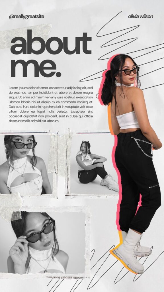 Stylish woman posing in trendy attire with artistic design elements in a modern About Me layout.
