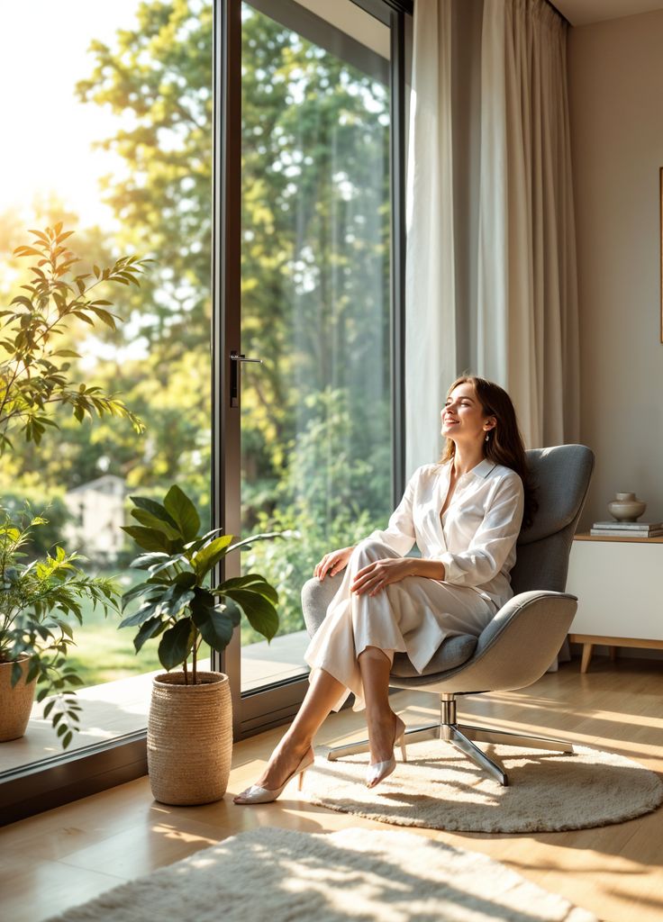 Living room and nature Woman in white relaxing on a chair by a sunlit window, surrounded by indoor plants and enjoying nature. | Sky Rye Design Woman in white relaxing on a chair by a sunlit window, surrounded by indoor plants and enjoying nature.
