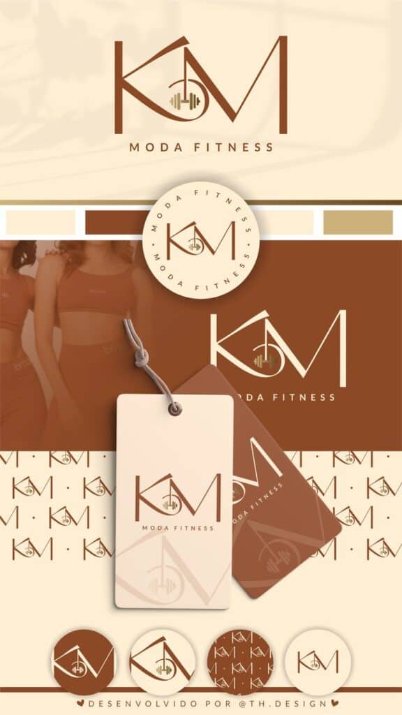 Logotipo Identidade Visual - KM 💖 KM Moda Fitness logo design with earthy tones and gym theme branding elements. | Sky Rye Design KM Moda Fitness logo design with earthy tones and gym theme branding elements.