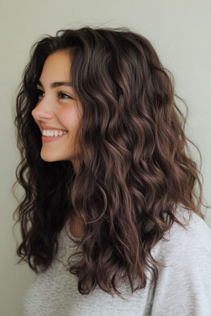 Woman with long, wavy brown hair smiling, wearing a gray sweater, side profile view.