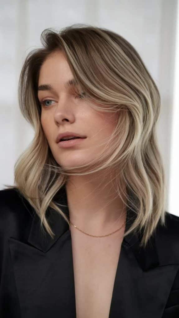 Stylish woman with wavy blonde hair, wearing a black jacket, gazing thoughtfully ahead.