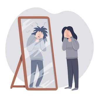 Person covering face in front of mirror showing anxious reflection, illustrating self-perception and anxiety.