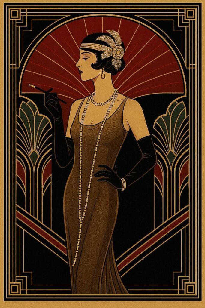 Elegant 1920s flapper art deco woman in gown, pearl necklace, feather headpiece, and cigarette holder in stylized illustration.