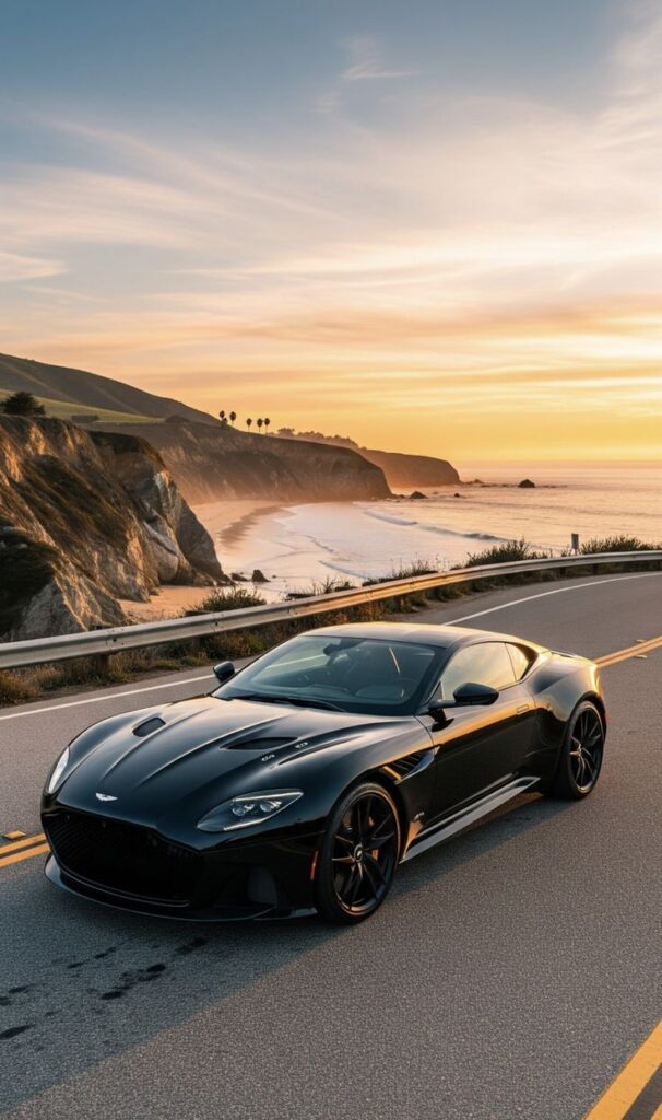 Luxury black sports car on scenic coastal highway at sunset.