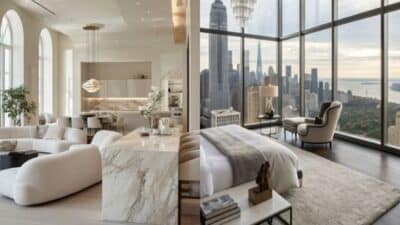 Luxurious modern apartment with open living area and bedroom, featuring city skyline views through large windows.