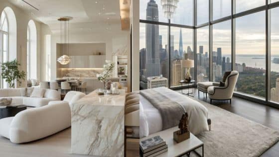 Luxury Interior Design Renovation in Dubai Homes Luxurious modern apartment with open living area and bedroom, featuring city skyline views through large windows. | Sky Rye Design Luxurious modern apartment with open living area and bedroom, featuring city skyline views through large windows.