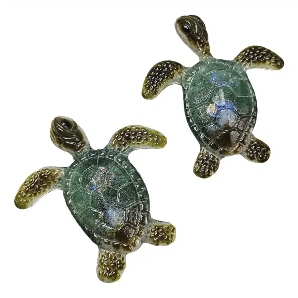 MOLF258-1 Two realistic green turtle figurines with brown details on a white background. | Sky Rye Design Two realistic green turtle figurines with brown details on a white background.