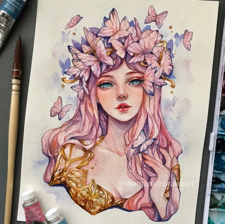 Fantasy watercolor art of woman with pink hair adorned with butterflies and golden armor. Art by margaretmoralesart.