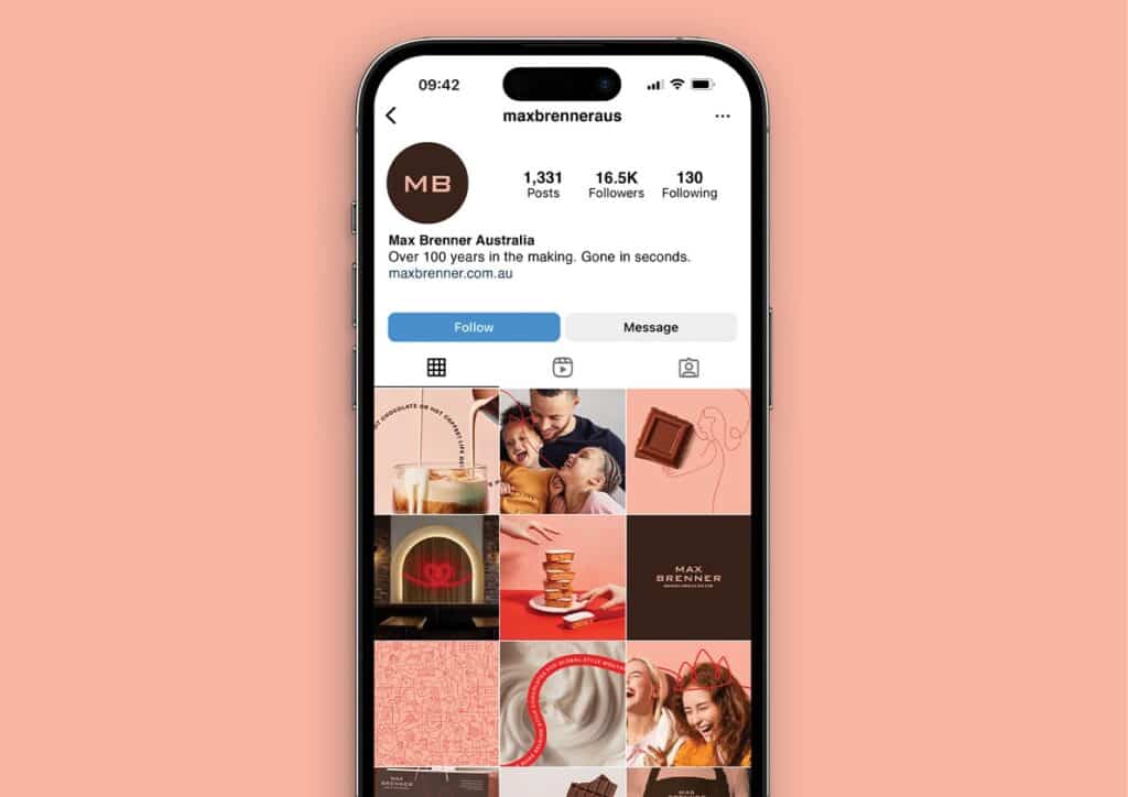 Max-Brenner-Case-Study-202416 Smartphone displaying Max Brenner Australia's Instagram profile with a variety of chocolate-themed posts. | Sky Rye Design Smartphone displaying Max Brenner Australia's Instagram profile with a variety of chocolate-themed posts.