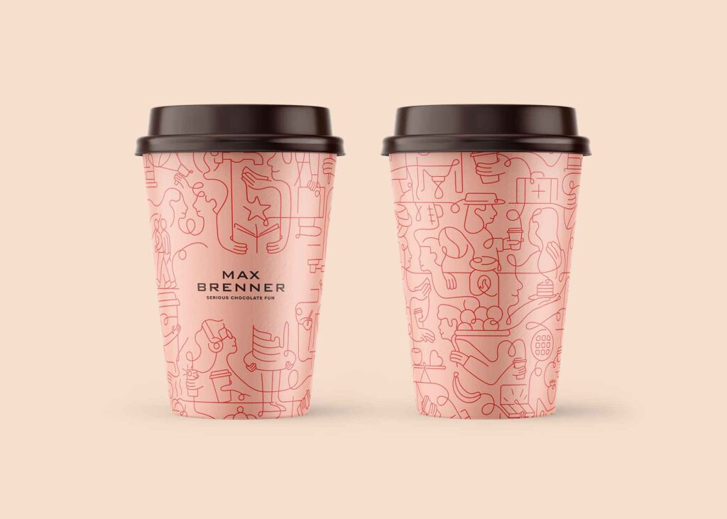 Max-Brenner-Case-Study-6 Max Brenner coffee cups with red abstract design on a light pink background, showcasing Serious Chocolate Fun slogan. | Sky Rye Design Max Brenner coffee cups with red abstract design on a light pink background, showcasing Serious Chocolate Fun slogan.