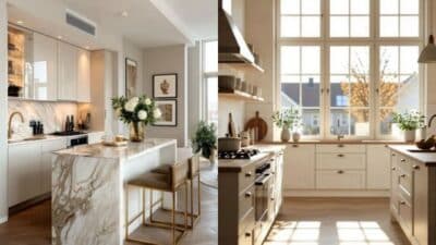 Modern kitchen designs with marble island, large windows, natural light, and elegant decor featuring white and wood accents.