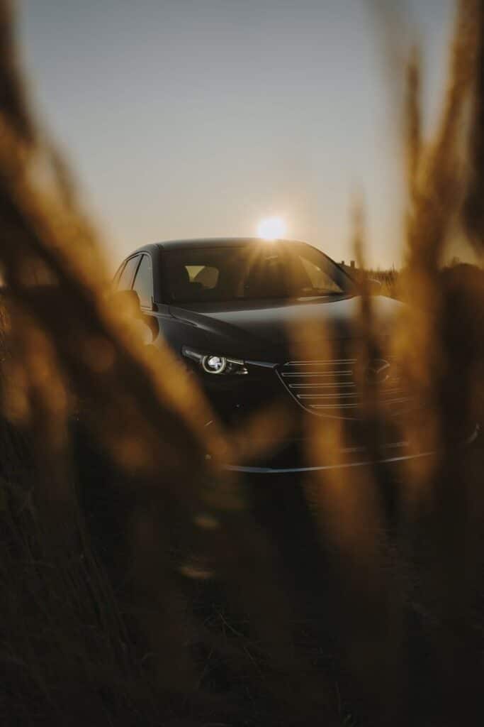 Sleek black car at sunrise, partially obscured by tall grass, creating a dramatic and scenic view.