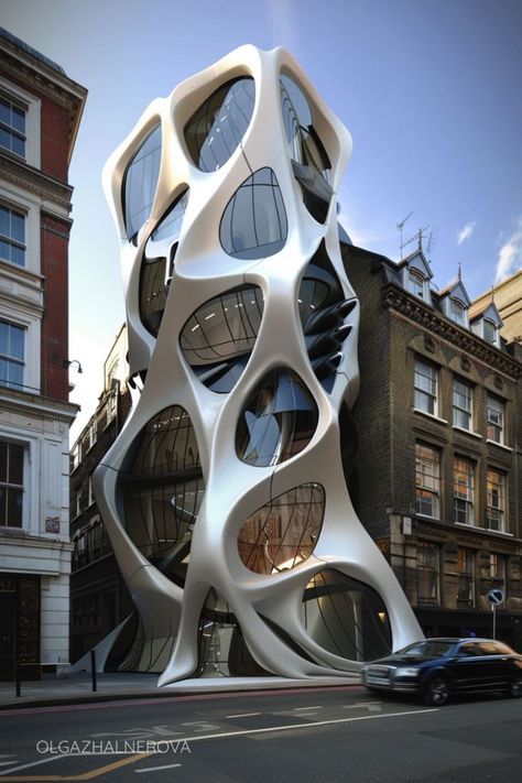 Mdern designed Buildings Futuristic building with organic design and unique facade in urban setting. | Sky Rye Design Futuristic building with organic design and unique facade in urban setting.