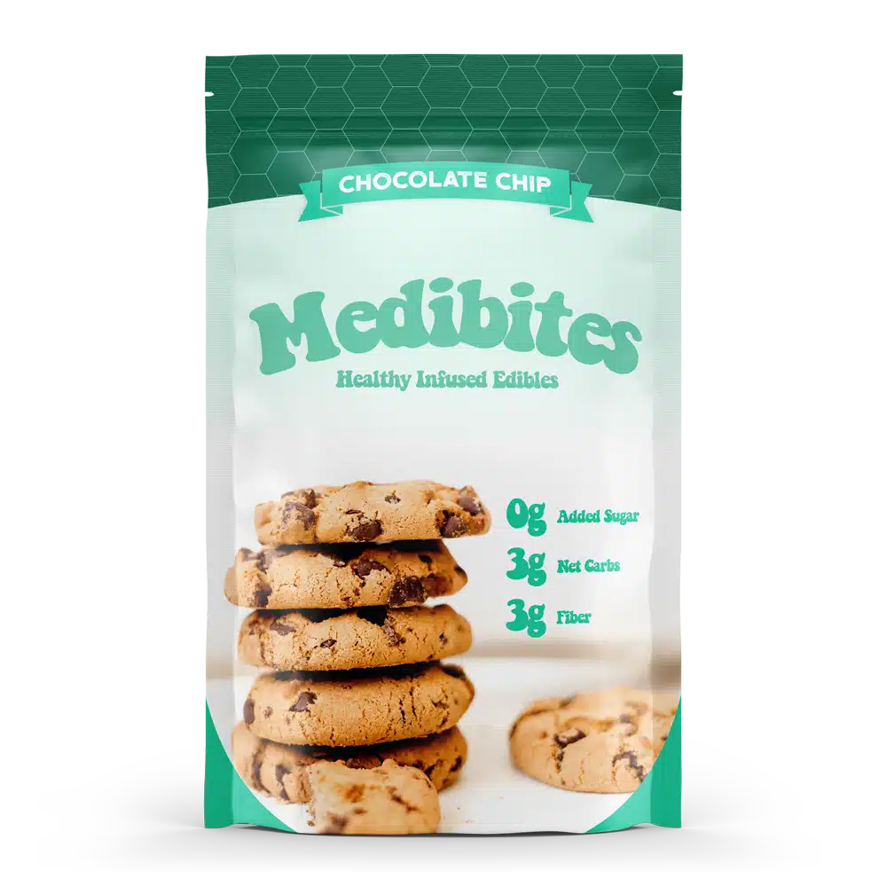 Medibites-Edibles-Mockup Bag of Medibites chocolate chip cookies, healthy edibles, 0g sugar, 3g net carbs, 3g fiber. | Sky Rye Design Bag of Medibites chocolate chip cookies, healthy edibles, 0g sugar, 3g net carbs, 3g fiber.