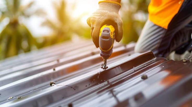 Worker using a drill on a metal roof, wearing gloves and orange safety gear, with greenery in the background.