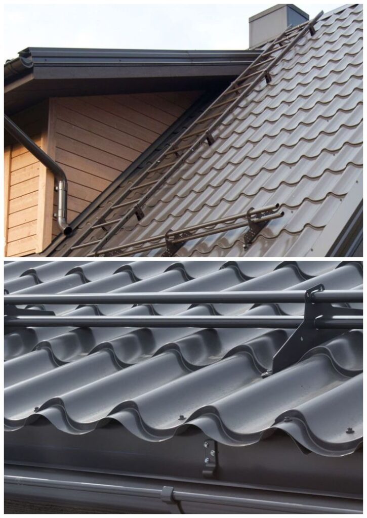Modern metal roofing with ladder and pipe details against wooden siding. Durable and stylish roof design.