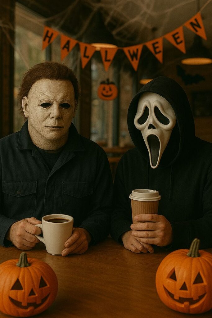 Two people in Halloween costumes drinking coffee at a decorated table with pumpkins.