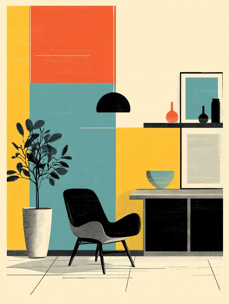 Modern interior design with colorful geometric wall, black chair, plant, and minimalist decor elements.
