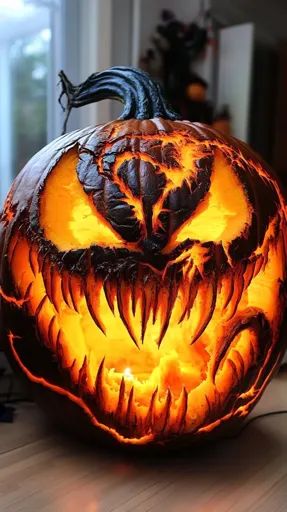 Fierce Halloween pumpkin carving with glowing eyes and sharp teeth, creating a spooky atmosphere indoors.