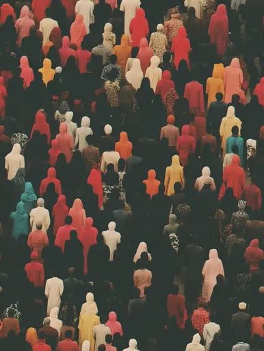 Aerial shot of diverse crowd wearing colorful clothing, highlighting vibrant cultural diversity and unity.