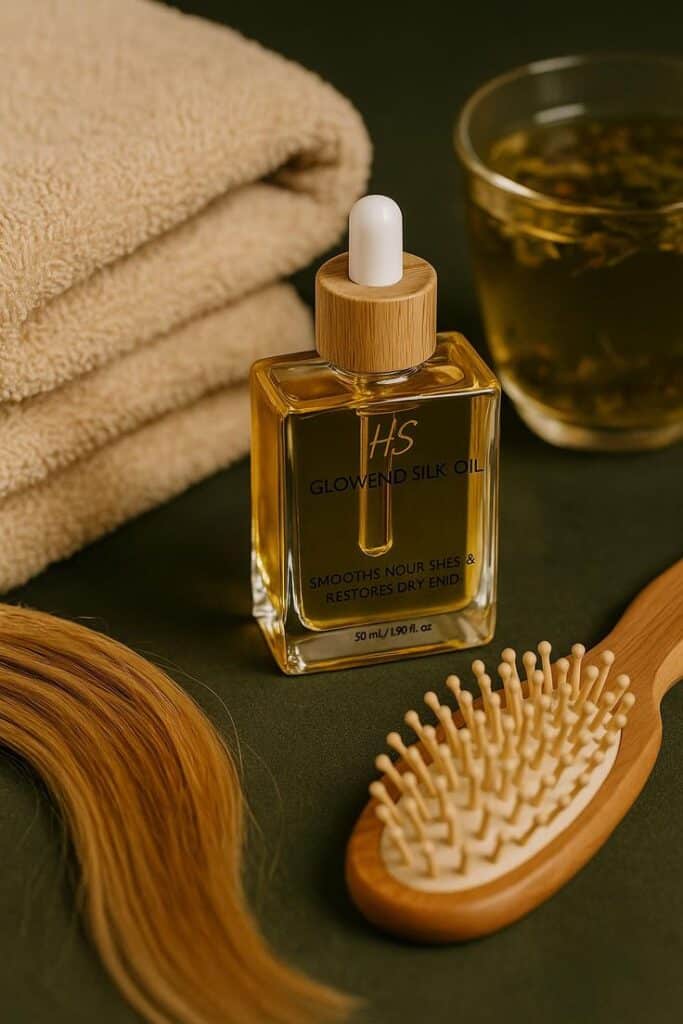 Hair care setup with Glowend Silk Oil, wooden brush, towel, and tea for a nourishing, smooth hair routine.