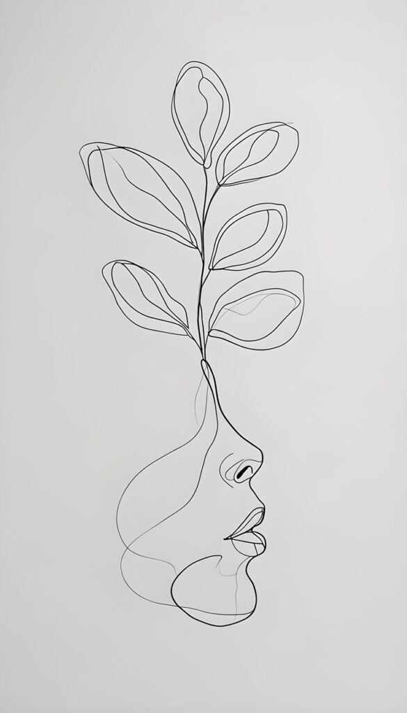 Minimalist line art of a face with plant growing from head, symbolizing creativity and growth, against a white background.