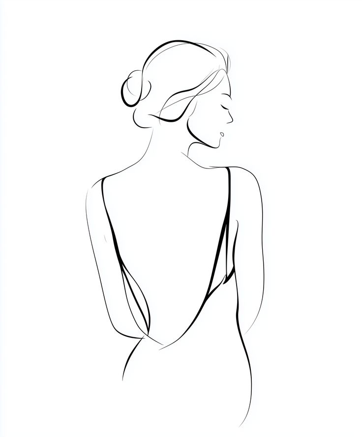 Minimalist line art of a woman in a dress, with hair in a bun, facing away on a white background.