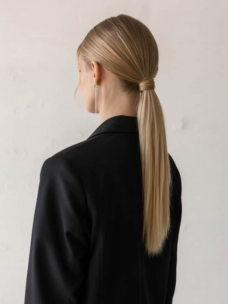 Blonde woman in a black blazer with sleek low ponytail hairstyle, viewed from the back.