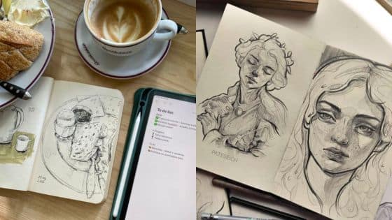 Mistakes Beginner Artists Make and How to Avoid Them Sketchbook with detailed sketches beside a cafe latte and pastries on a wooden table. | Sky Rye Design Sketchbook with detailed sketches beside a cafe latte and pastries on a wooden table.