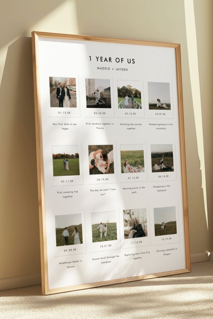 Modern 1st Anniversary 12 Polaroid Photo Custom Couple Wall Art Print Framed photo collage titled 1 Year of Us, showcasing memorable moments of a couple's journey together. | Sky Rye Design Framed photo collage titled 1 Year of Us, showcasing memorable moments of a couple's journey together.