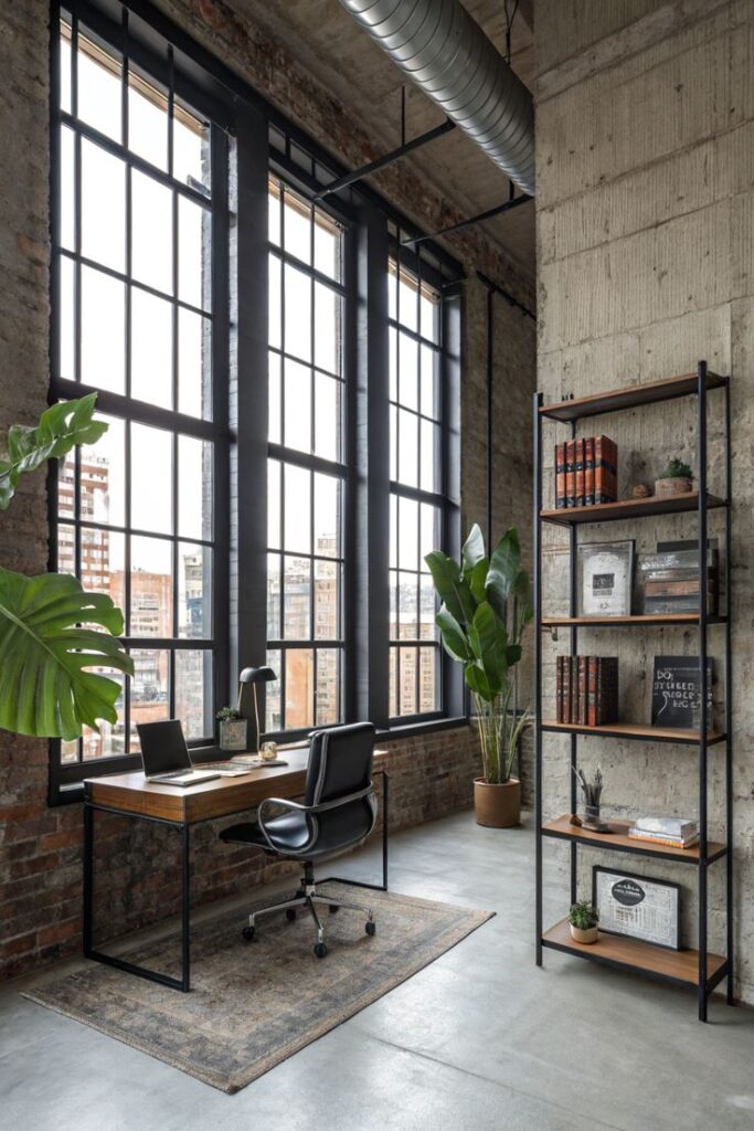 Modern Industrial Office 🌟🏙️🌿 Modern industrial office with large windows, desk, chair, plants, and bookshelves for urban work inspiration. | Sky Rye Design Modern industrial office with large windows, desk, chair, plants, and bookshelves for urban work inspiration.