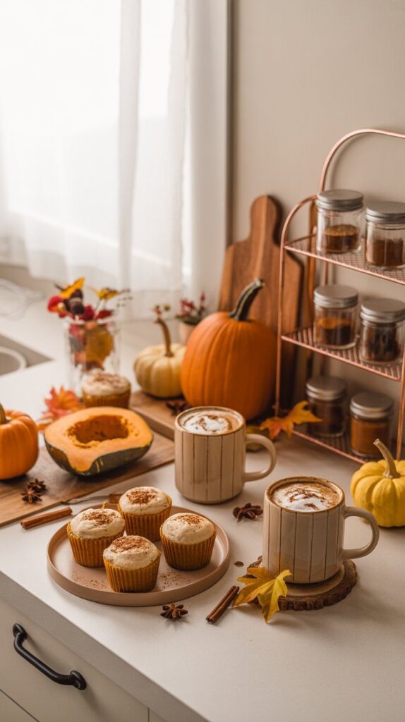 Cozy autumn scene with pumpkin muffins, spiced lattes, and pumpkins on a kitchen counter. Perfect fall ambiance.