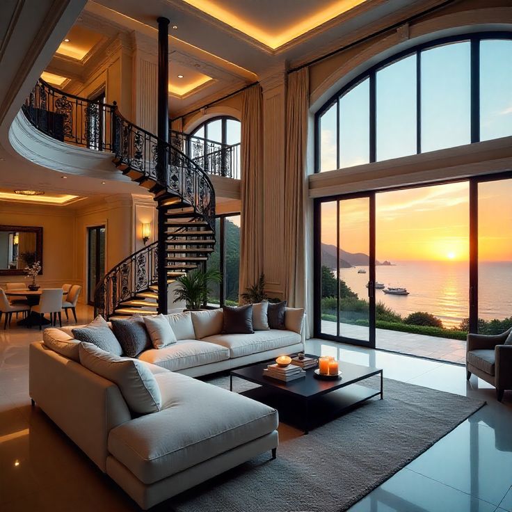 Luxurious seaside living room with spiral staircase, large windows, and sunset view.