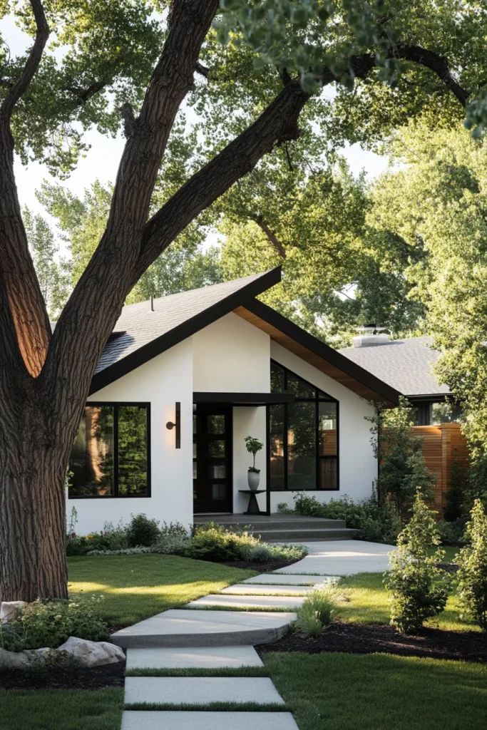 Modern home exterior with lush garden and large tree, featuring a sleek pathway leading to a stylish entrance.