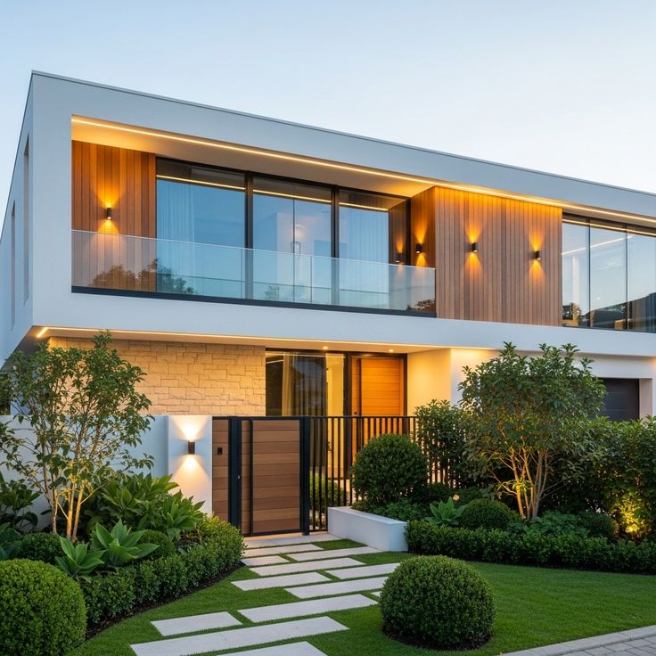 Modern Stylish Home Exterior _ Luxury Contemporary House Design Ideas Modern two-story home with large windows, evening lighting, and lush landscaping. | Sky Rye Design Modern two-story home with large windows, evening lighting, and lush landscaping.