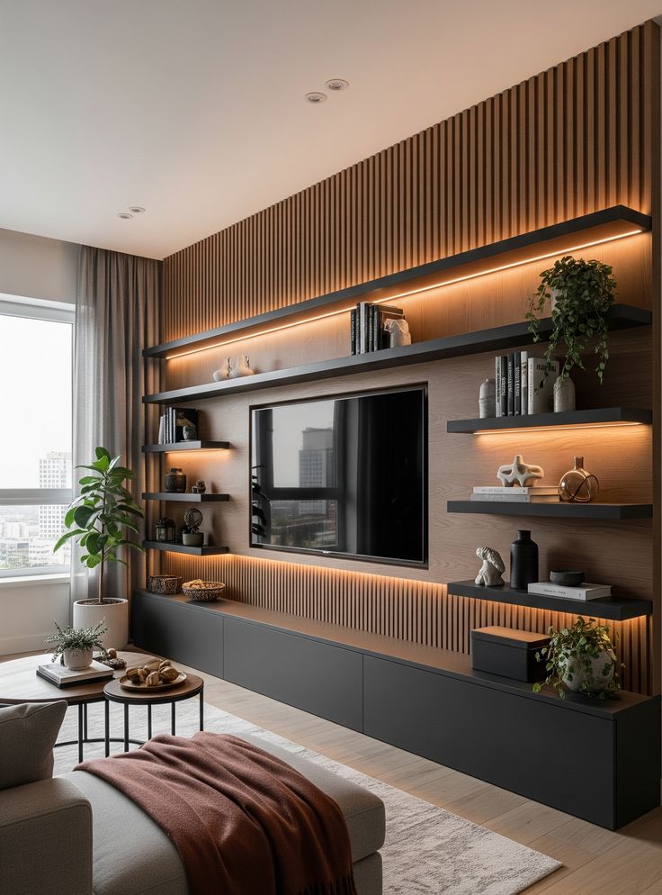 Modern TV Wall Decor Idea with Sleek Shelving LED Lighting Modern living room with sleek TV unit, ambient lighting, and plant decor enhancing a cozy ambiance. | Sky Rye Design Modern living room with sleek TV unit, ambient lighting, and plant decor enhancing a cozy ambiance.
