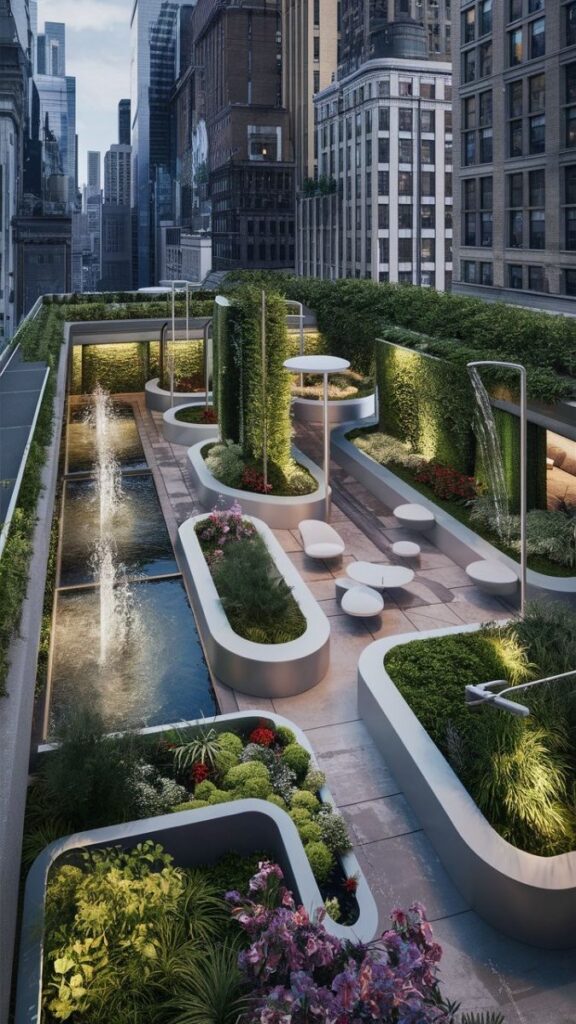 Luxurious rooftop garden with modern landscaping, fountains, and seating area amidst urban skyscrapers.