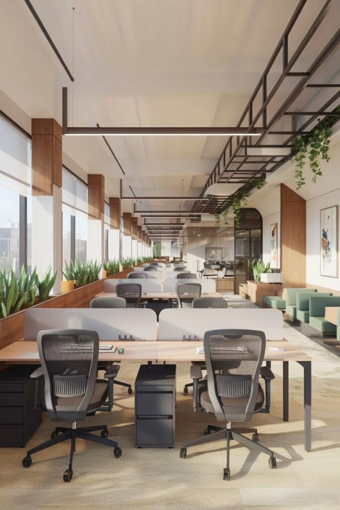 _Modern Workplace Interior Design Ideas for a Productive Space_ Modern open-plan office space with desks, chairs, plants, and natural lighting for a collaborative work environment. | Sky Rye Design Modern open-plan office space with desks, chairs, plants, and natural lighting for a collaborative work environment.