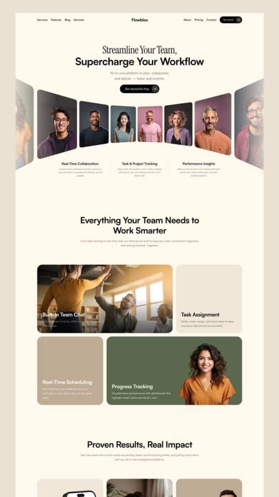Flowblox homepage showcasing team collaboration, task tracking, and performance insights for streamlined workflows.