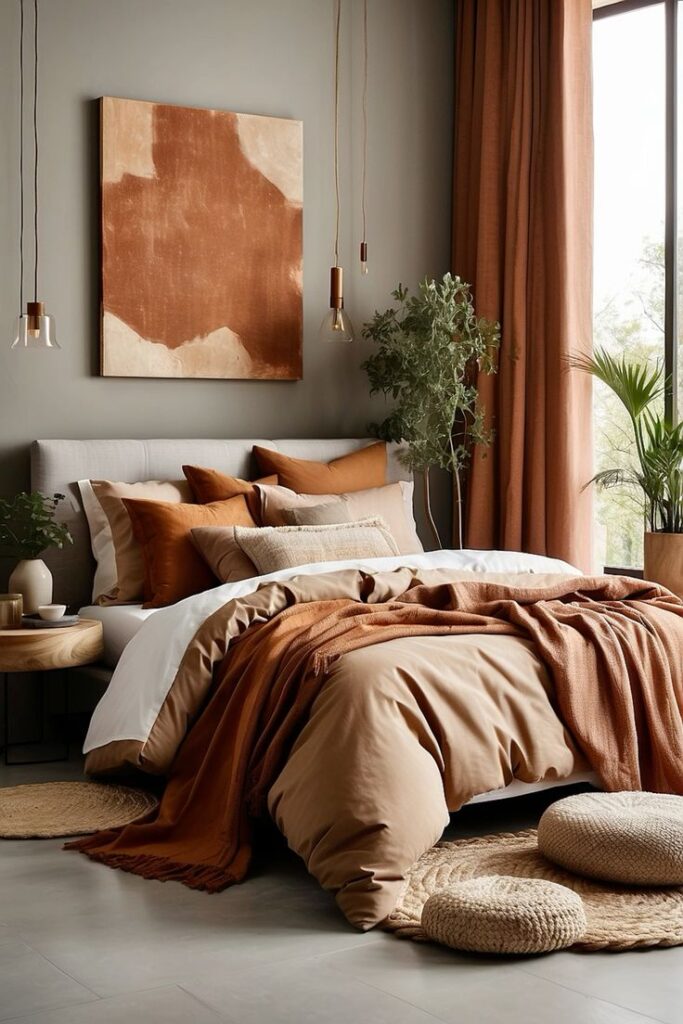 Cozy bedroom with earth-toned bedding, abstract wall art, and potted plants creating a warm, inviting atmosphere.