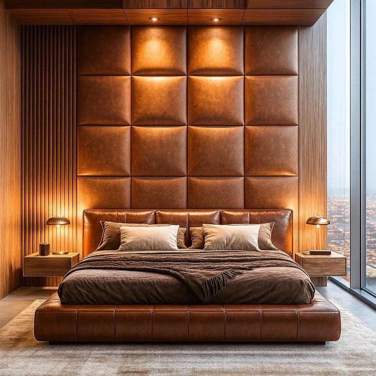 Modular Upholstered Wall Panels - Custom Headboard System for Designers Hotels _ Free Delivery No Customs - USA Only Luxurious modern bedroom with leather accents, soft lighting, and panoramic city views from a large window. | Sky Rye Design Luxurious modern bedroom with leather accents, soft lighting, and panoramic city views from a large window.
