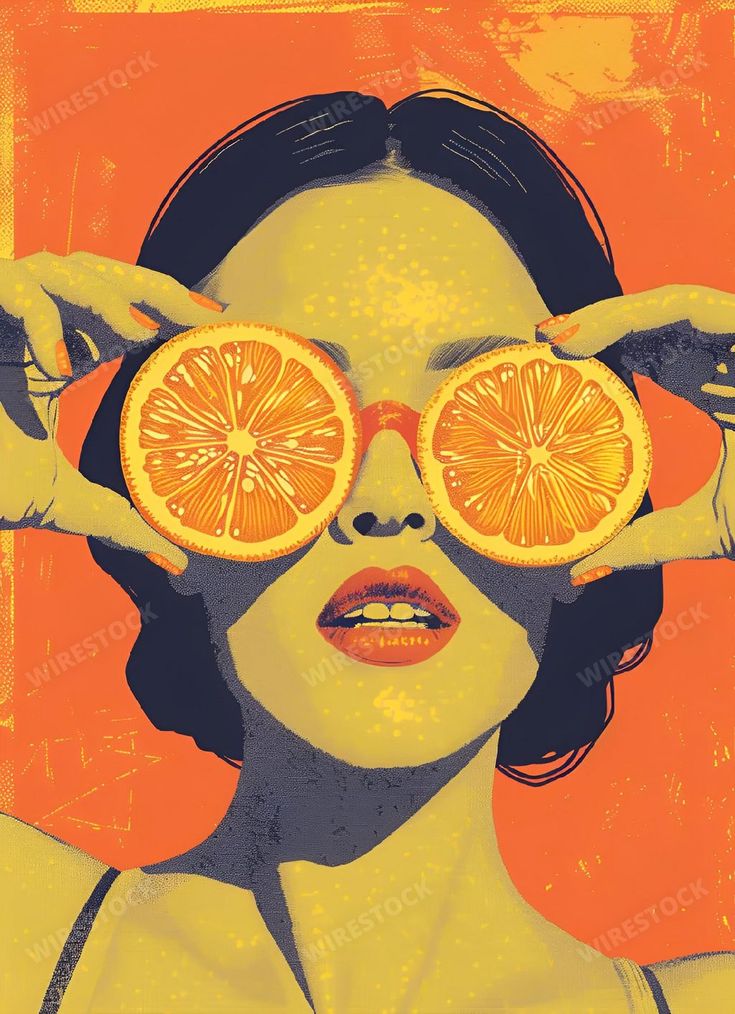 Pop art woman with orange slices over eyes, vibrant orange background, artistic and playful portrait.