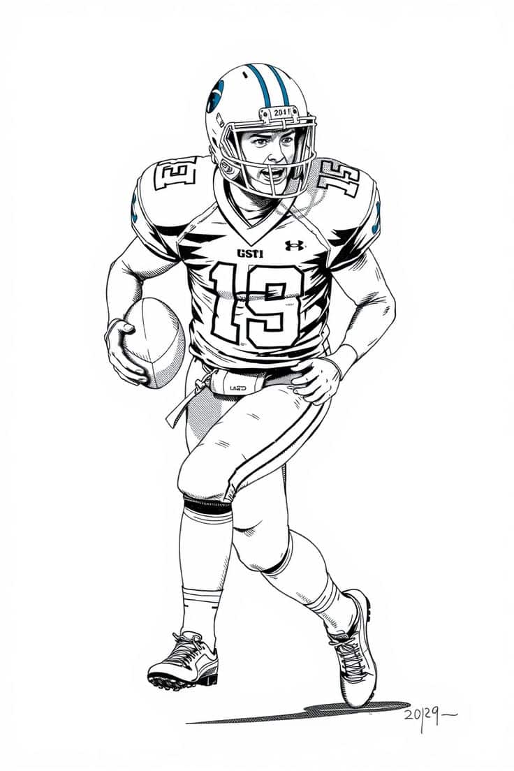 Illustration of a football player running with the ball, wearing a uniform and helmet. Black and white ink drawing.
