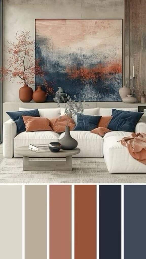 Stylish living room with abstract art, earth-tone cushions, and modern decor in beige and navy palette.