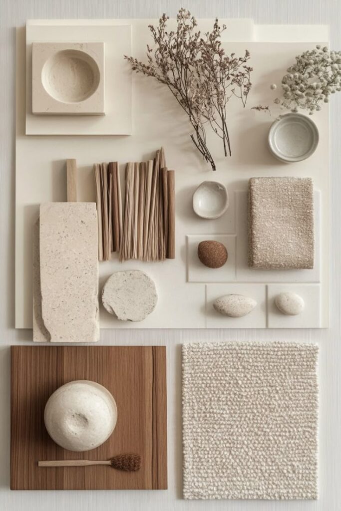 Neutral organic materials arranged aesthetically on a surface, showcasing texture and minimalistic design elements.