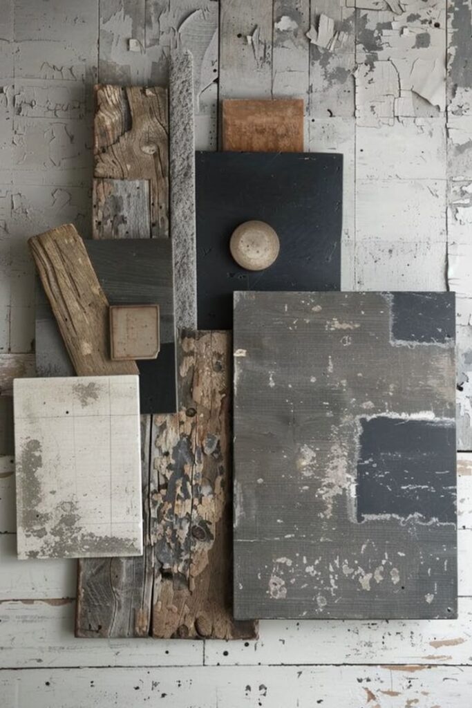 Rustic wood and stone abstract art piece on aged background.